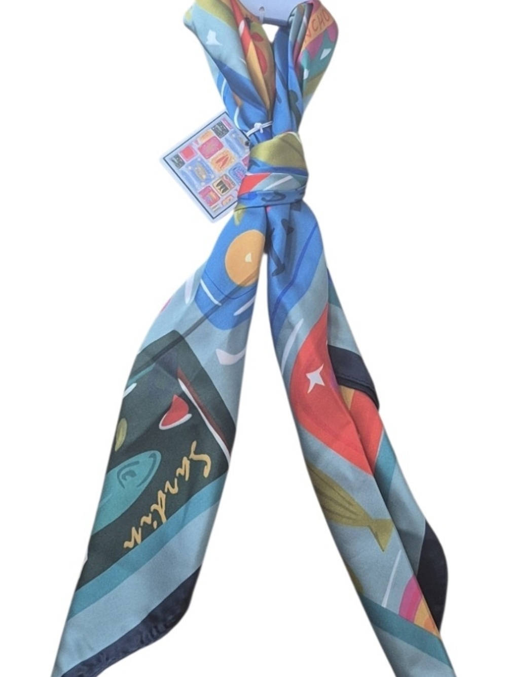 Piper K Sardine Fish Print Silk Feel Satin Scarf Blue Red Yellow
